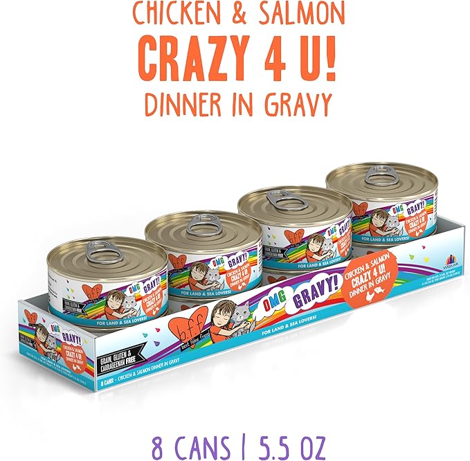 Weruva B.F.F. OMG - Best Feline Friend Oh My Gravy! Grain-Free Wet Cat Food Cans, Crazy 4 U! Chicken &amp; Salmon, 5.5-Ounce Can (Pack of 8)