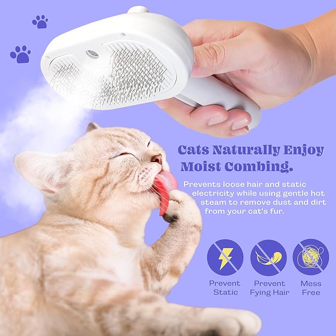 Rechargeable Silicone 3 in 1 Pet Hair Removal Tool - Self Cleaning Steamy Brush for Massage, Shedding &amp; Grooming - Cat &amp; Dog Hair Remover