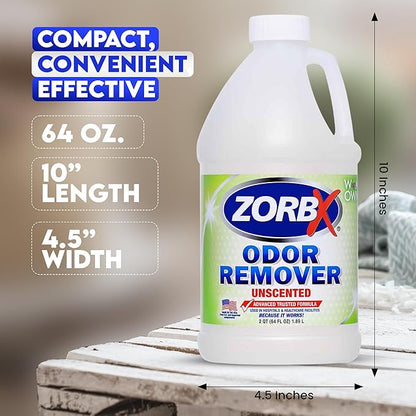 ZORBX Unscented Odor Eliminator for Strong Odor 64 oz - Used in Hospitals &amp; Healthcare Facilities - Advanced Trusted Formula, Fast-Acting Odor Remover Spray for Dog, Cat, House &amp; Carpet