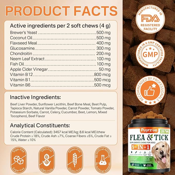 5-in-1 Dog Flea and Tick Treatment Chewable, Natural Flea and Tick Prevention for Dogs Chewable - Flea &amp; Tick | Hip &amp; Joint | Skin &amp; Coat | Immunity Support | Digestive for All Breeds &amp; Sizes