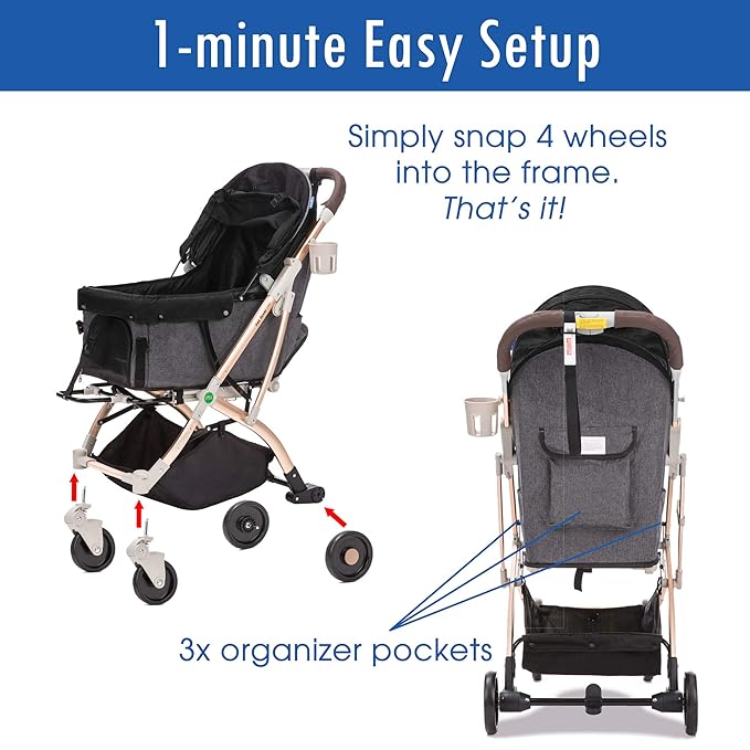 Lite Premium Light-Weight Dog/Cat/Pet Stroller Travel Carriage with Convertible Compartment/Zipper-Less Entry/1-Hand Quick Fold/Aluminum Frame for Small &amp; Medium Pets (Black 2nd-Gen.)