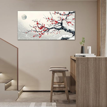 Large Flower Blossom Wall Art Snow Winter Canvas Living Room Chinese Floral Pictures Framed Prints Oversize Japanese Wall Decor Painting Artwork for Bedroom Dining 60"x30"