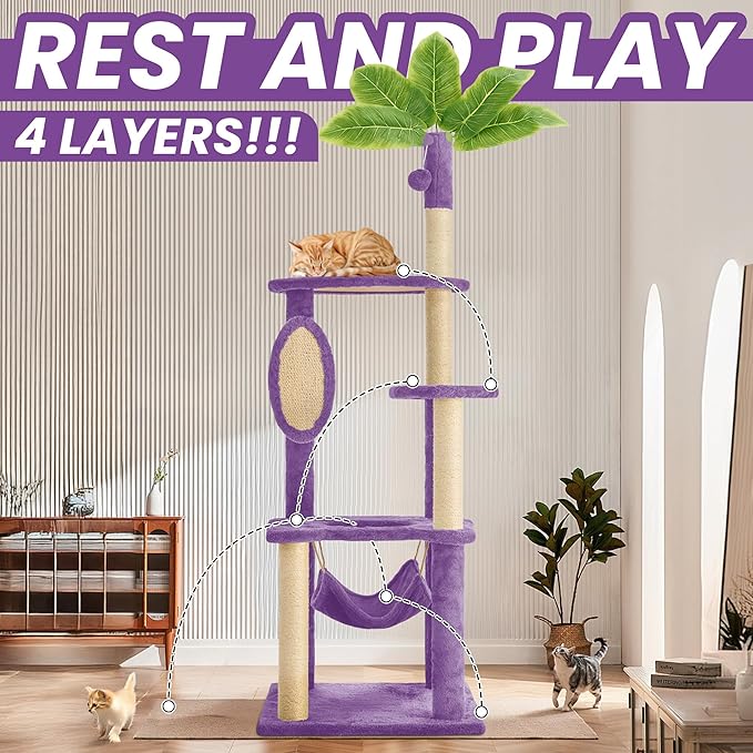 55 Inch Large Cat Tree Tower for Indoor Cats with Hammock Green Leaves Sisal Scratching Post, Plush Hang Ball Play Furniture for Kittens &amp; Adult Cats, New Purple