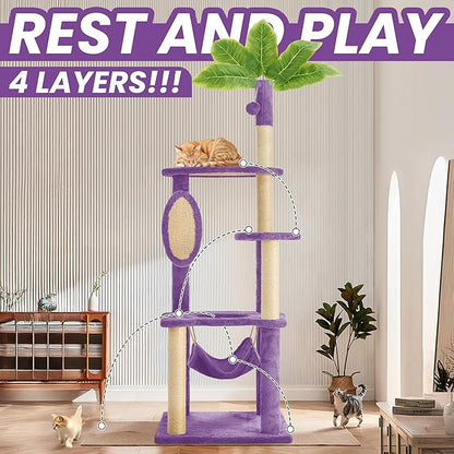 55 Inch Large Cat Tree Tower for Indoor Cats with Hammock Green Leaves Sisal Scratching Post, Plush Hang Ball Play Furniture for Kittens &amp; Adult Cats, New Purple