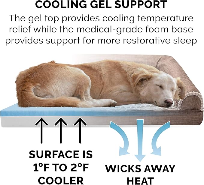 Furhaven Cooling Gel Dog Bed for Medium/Small Dogs w/ Removable Bolsters &amp; Washable Cover, For Dogs Up to 35 lbs - Luxe Faux Fur &amp; Performance Linen Sofa - Woodsmoke, Medium