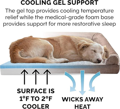 Furhaven Cooling Gel Dog Bed for Medium/Small Dogs w/ Removable Bolsters &amp; Washable Cover, For Dogs Up to 35 lbs - Luxe Faux Fur &amp; Performance Linen Sofa - Woodsmoke, Medium