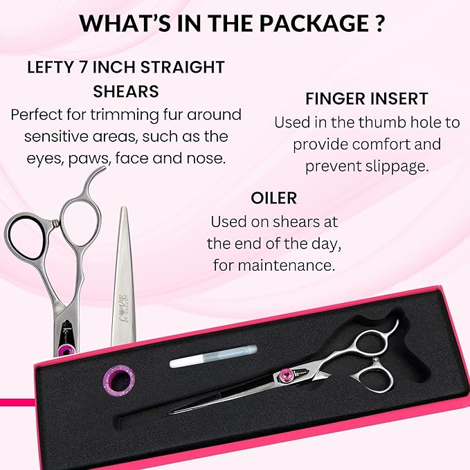 Kenchii Love Left Handed Dog Grooming Scissors, 7 Inch Straight Shears, Dog Scissors for Grooming, Professional Pet Grooming Scissors, Ergonomic &amp; Comfortable
