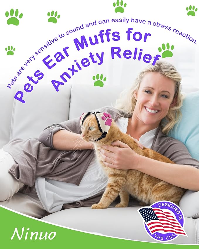 Calming Earmuffs for Cats and Small Dogs - for Anxiety Relief - Noise Canceling for Fireworks, Thunderstorms, Pet Grooming &amp; Force Drying - Dog Ear Muffs Noise Protection (White, Medium)