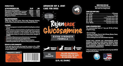 Rejenease Liquid Glucosamine for Dogs with Chondroitin, MSM &amp; Hyaluronic Acid – Finest For Pets Hip &amp; Joint Supplement for Dog Joint Support, Mobility, Stiffness &amp; Pain Relief (32 oz, Made in USA)