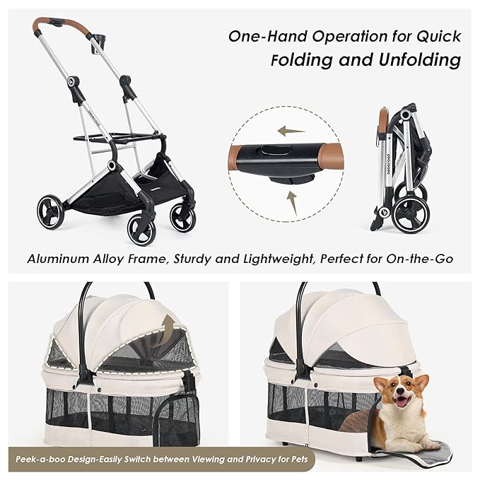 T3 Pro 3-in-1 Small Pet Stroller for Dog &amp; Cats, 4 Wheels with Detachable Carrier with Pad, Canopy and Cup Holder, Beige &amp; Net Wall