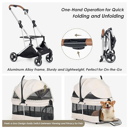 T3 Pro 3-in-1 Small Pet Stroller for Dog &amp; Cats, 4 Wheels with Detachable Carrier with Pad, Canopy and Cup Holder, Beige &amp; Net Wall