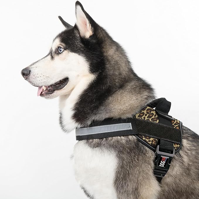 Dogline Dog Harness, Reflective No-Pull Adjustable Vest with Handle for Walking, Training, Breathable, No - Choke Harness for Small, Medium or Large Dogs Room for Patches Leopard Brown XS 15"-18"