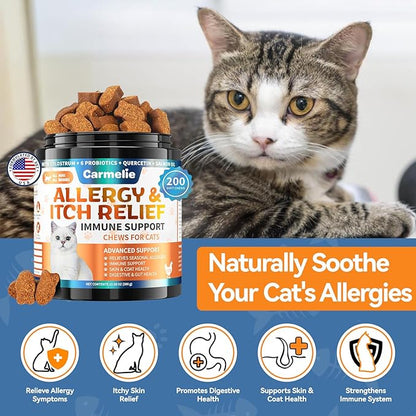 Cat Allergy Relief Chews 200 pcs - Cat Itchy Skin &amp; Paw Licking Relief - Omega 3 &amp; Probiotic for Cats - Anti-Itch Relief for Skin &amp; Coat Health, Immune Support, Seasonal Allergies - Chicken Flavor