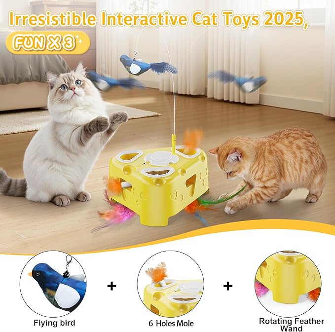 3-in-1 Interactive Cat Toy for Indoor Cats,Automatic Kitten Toys,Flying Bird,6 Holes Mole,Rotating Feather, USB Rechargeable Electronic Interactive Feather Toy for Bored Adult &amp; Kitten Cats