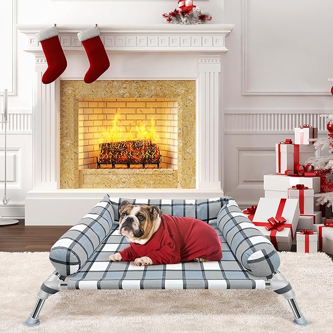 Elevated Raised Dog Bed Cot - Cooling Dog Bed with Pillows, Portable Washable Pet Cot with Metal Frame for Indoor &amp; Outdoor Use