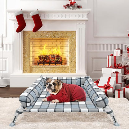 Elevated Raised Dog Bed Cot - Cooling Dog Bed with Pillows, Portable Washable Pet Cot with Metal Frame for Indoor &amp; Outdoor Use