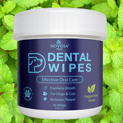 NOVEHA Pets Dental Finger Wipes for Dogs &amp; Cats | Freshens Breath, Reduces Plaque | Healthier Gums | Clean Teeth No Toothbrush | Vet Recommended Effective Natural Oral Care (50 pcs, Mint)