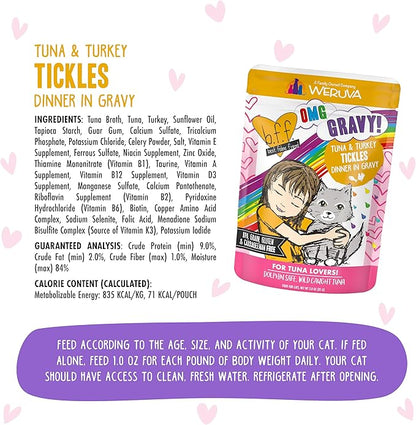 Weruva B.F.F. OMG - Best Feline Friend Oh My Gravy!, Tuna &amp; Turkey Tickles with Tuna &amp; Turkey in Gravy Cat Food, 3oz Pouch (Pack of 12)