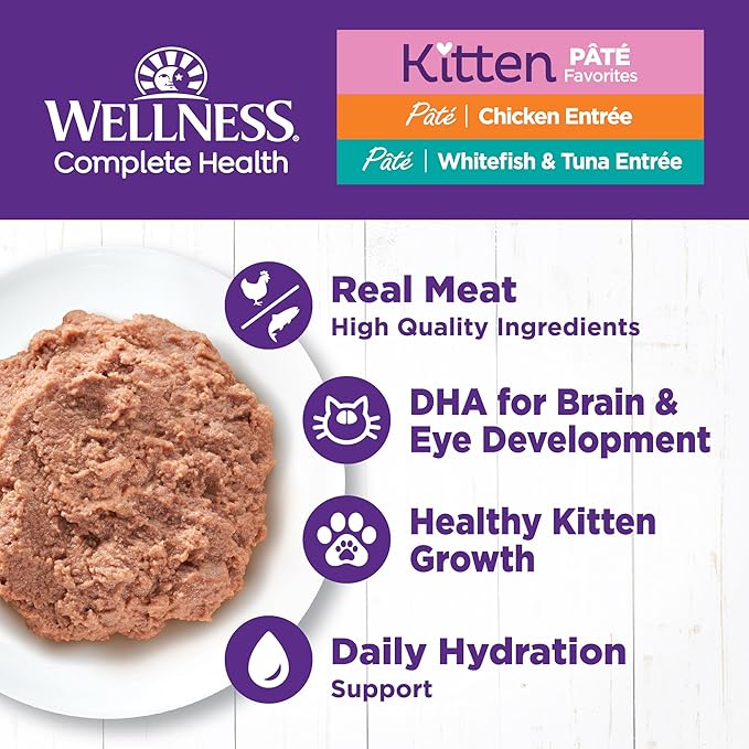 Wellness Complete Health Pate Kitten Wet Cat Food, Natural, Protein-Rich, Grain Free, 3 Ounce, 12 Pack, (Whitefish &amp; Chicken Variety Pack)