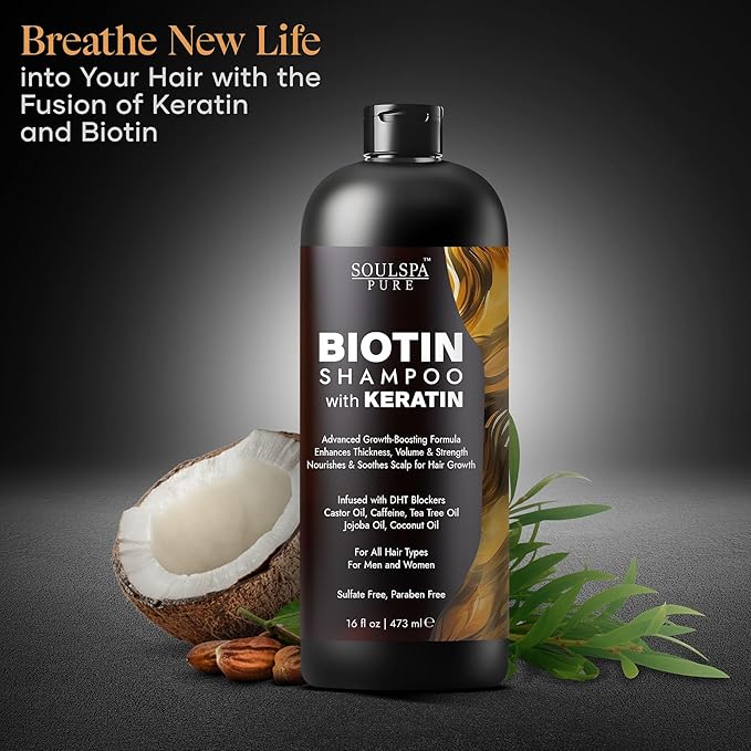Biotin Shampoo with Keratin - Advanced Anti-Thinning, Hair Growth &amp; Repair Formula - Soothes Scalp, with Tea Tree Oil &amp; DHT Blockers - Strong, Healthy Hair for Men &amp; Women - 16 fl oz