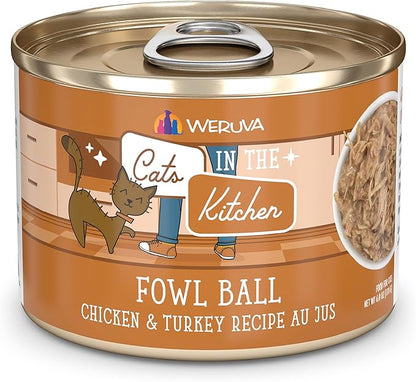 Weruva Cats in The Kitchen, Fowl Ball with Chicken &amp; Turkey Au Jus Cat Food, 6oz Can (Pack of 24)