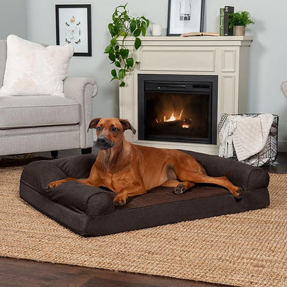 Furhaven Orthopedic Dog Bed for Large Dogs w/ Removable Bolsters &amp; Washable Cover, For Dogs Up to 95 lbs - Sherpa &amp; Chenille Sofa - Coffee, Jumbo/XL