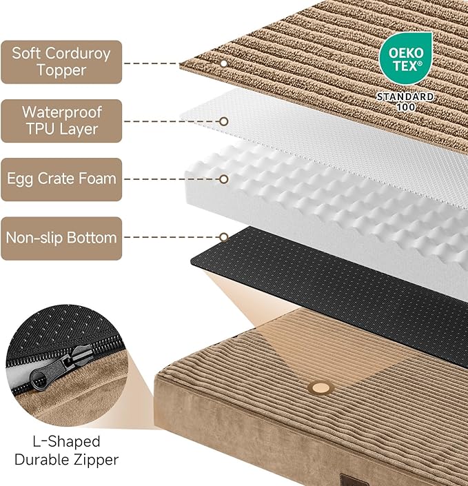 OhGeni Orthopedic Waterproof &amp; Machine Washable Dog Bed for Medium Large Pets, Suitable for Crates, Cat Mat with 25D Egg Crate Foam, Non-Slip Bottom &amp; Removable Cover, 35 Inches(Coffee)