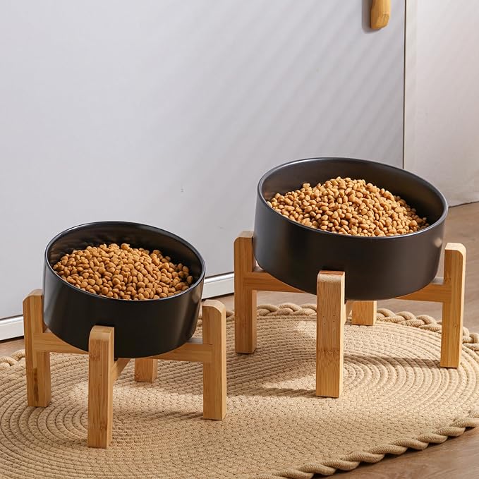 Black Elevated/Raised 15°Tilted Anti Slip Ceramic Dog Bowl for Medium &amp; Large Breeds,Slanted Bulldog Big Face Pet Feeding Food Water Dish Stand for Dogs (7.6 Cups/60OZ)