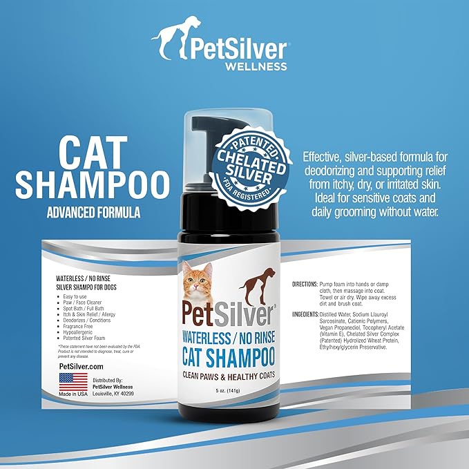 PetSilver Waterless Cat Shampoo - No Rinse Bath &amp; Dry Shampoo for Cats - Long-Haired &amp; Sensitive Skin - Cleans, Conditions &amp; Moisturizes - Hypoallergenic &amp; Fragrance-Free - Patented Formula - 5 fl oz