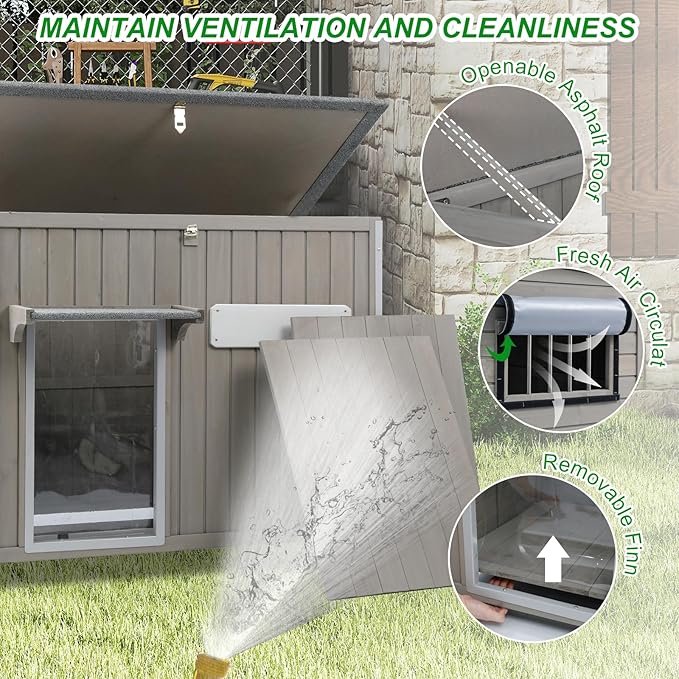 Dog House Outdoor Weatherproof &amp; Wooden Dog Kennel with Chew-Proof Iron Frame，Removable Floor, Adjustable Vent Window, Easy Assembly for Large and Medium Dogs 43.3" D x 29.5" W x 33.5" H