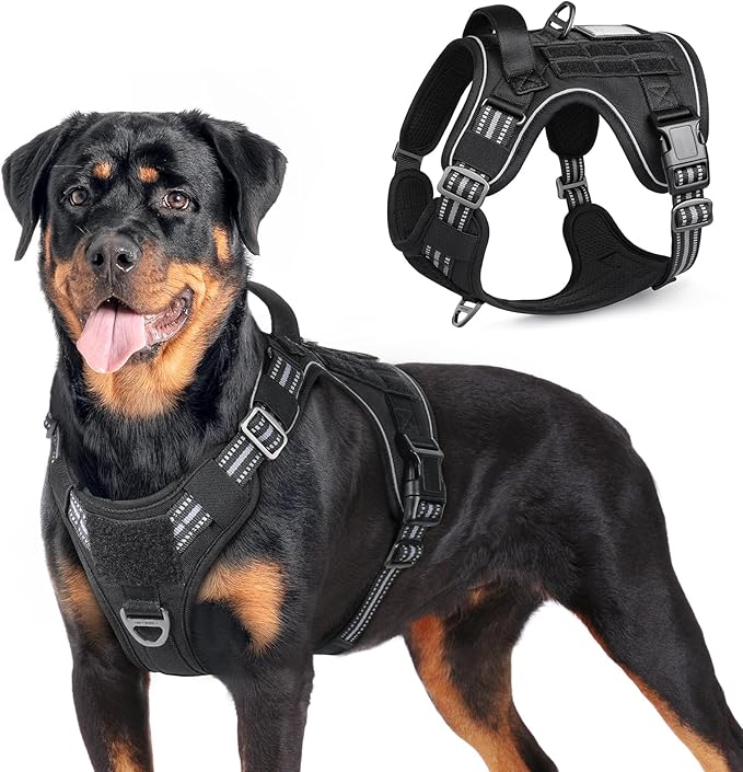 rabbitgoo Tactical Dog Harness for Large Dogs, No Pull Military Service Vest with Handle &amp; Molle, Easy Control for Training Walking, Adjustable Reflective Straps, Black, L