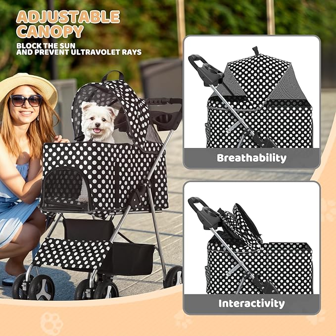 Magshion Foldable Pet Stroller, 3-in-1 Dog Travel Jogger with Detachable Carrier, Cup Holder, Storage Basket, Folding Carrier for Small/Medium Dogs &amp; Cats Up to 33 lbs, Black Polka Dots