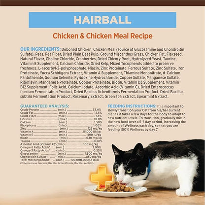 Wellness CORE+ Hairball Adult Dry Cat Food for Indoor &amp; Outdoor Cats, Grain Free, Natural, Chicken and Chicken Meal (4.75 Pound Bag)