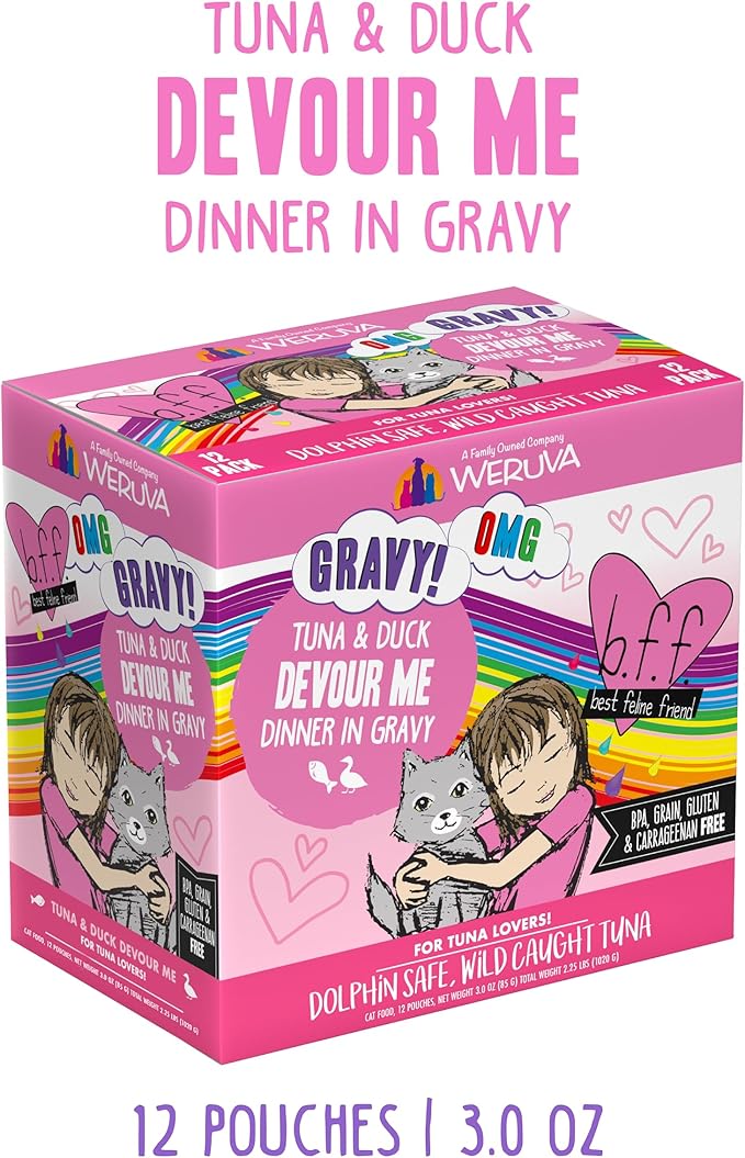 Weruva B.F.F. OMG - Best Feline Friend Oh My Gravy!, Tuna &amp; Duck Devour Me with Tuna &amp; Duck in Gravy Cat Food, 3oz Pouch (Pack of 12)