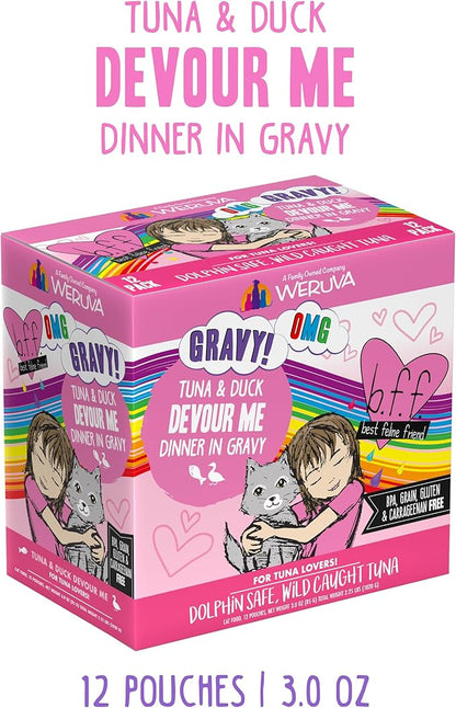 Weruva B.F.F. OMG - Best Feline Friend Oh My Gravy!, Tuna &amp; Duck Devour Me with Tuna &amp; Duck in Gravy Cat Food, 3oz Pouch (Pack of 12)