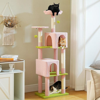 Flower Cat Tree, 62-Inch Tall Multi-Level Cat Tower with Scratching Posts for Large Indoor Cats, Plush Bed w/Padded Perches, Scratching Pad &amp; 2 Green Pompoms, Pink