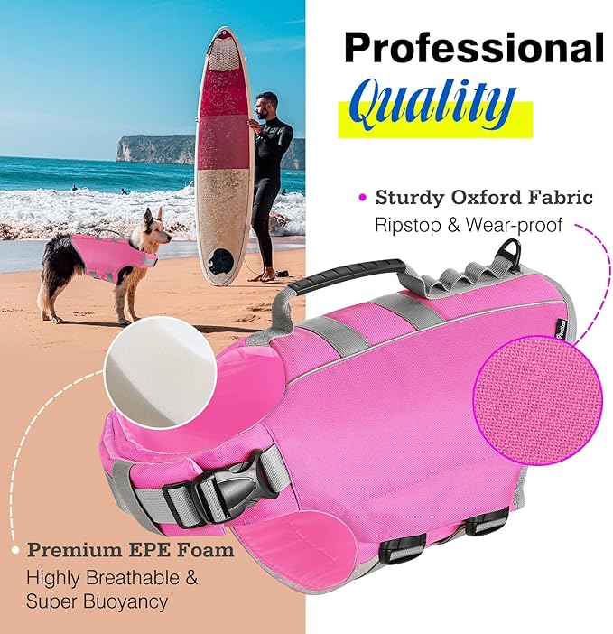 Pawaboo Dog Life Jacket, Reflective Dog Safety Vest Adjustable Pet Life Preserver with Strong Buoyancy &amp; Sturdy Rescue Handle, Ripstop Dog Lifesaver Vests for Swimming, Boating, L, Pink