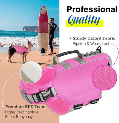 Pawaboo Dog Life Jacket, Reflective Dog Safety Vest Adjustable Pet Life Preserver with Strong Buoyancy &amp; Sturdy Rescue Handle, Ripstop Dog Lifesaver Vests for Swimming, Boating, L, Pink
