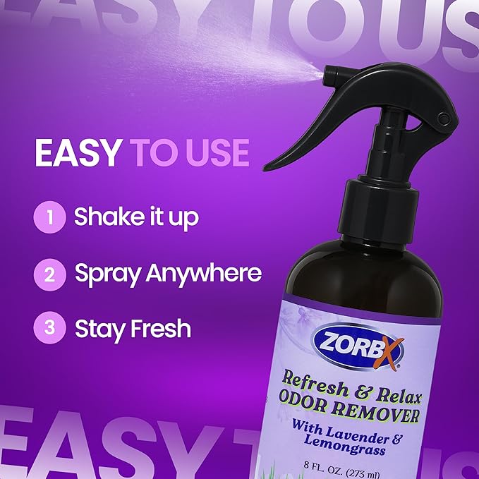 ZORBX Refresh &amp; Relax Odor Remover Spray with Lavender &amp; Lemongrass 8 Oz (Pack of 2) – Permanent Solution Room Freshener &amp; Air Freshener Spray for Home, Bathroom, Furniture, Carpet, Car, Gym &amp; Laundry