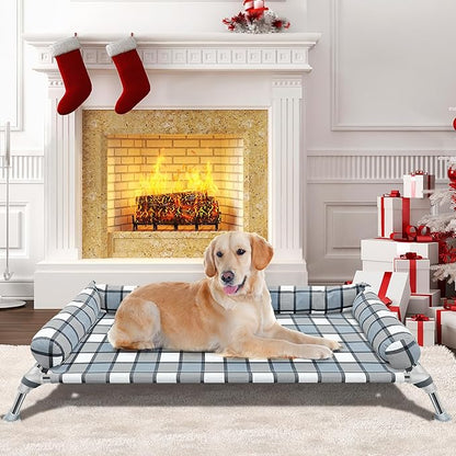Elevated Raised Dog Bed Cot - Cooling Raised Dog Bed with Bolster Portable Washable Pet Hammock with Pillows &amp; Metal Frame for Indoor &amp; Outdoor, Large