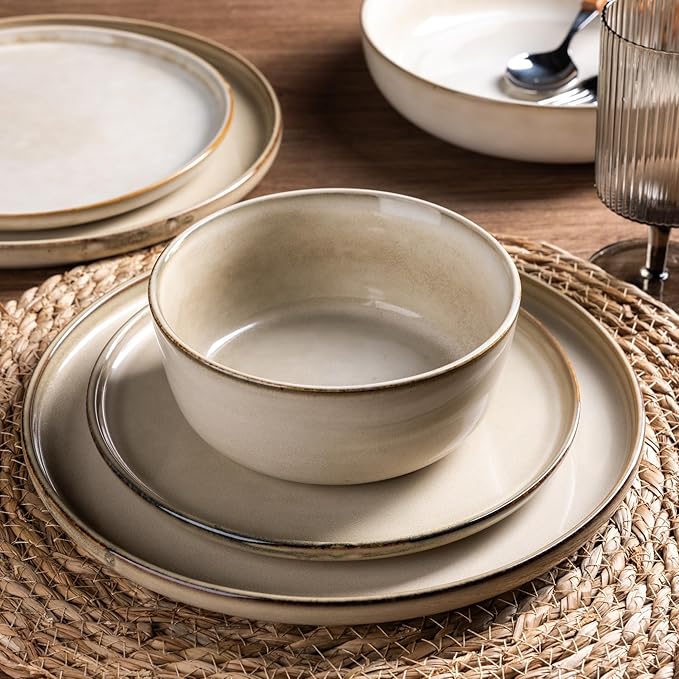 GBHOME Ceramic Dinnerware Sets for 4, 12 Pieces Stoneware Plates and Bowls Sets, Scratch Resistant Dishes, Dishwasher &amp; Microwave Safe, Reactive Glaze-Cappuccino