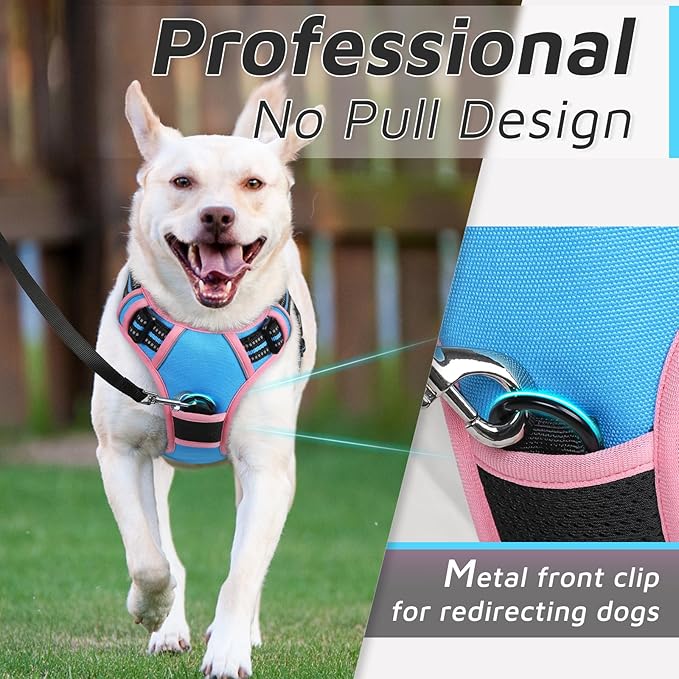Eagloo Dog Harness for Large Dogs, No Pull Service Vest with Reflective Strips and Control Handle, Adjustable and Comfortable for Walking, No Choke Pet Harness with 2 Metal Rings, Pink &amp; Blue, L