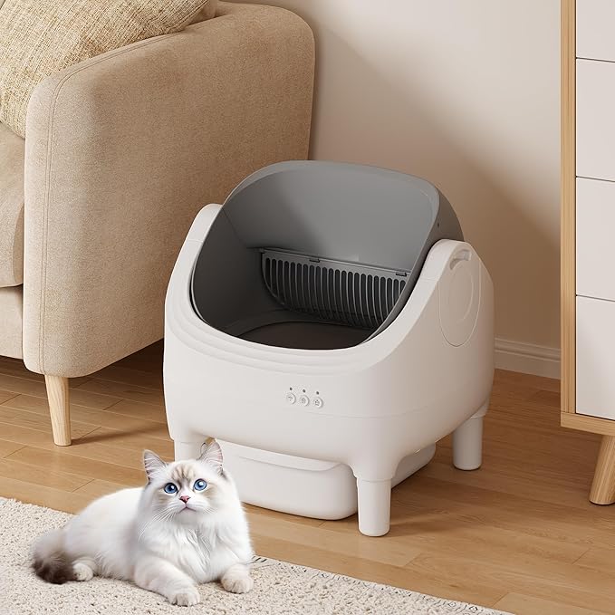 Greesum Automatic Self-Cleaning Litter Box for Cats - Open-Top Design, Easy Odor Control, Smart APP Control, 15L Large Waste Bin, Includes Trash Bags &amp; Mat (Grey)