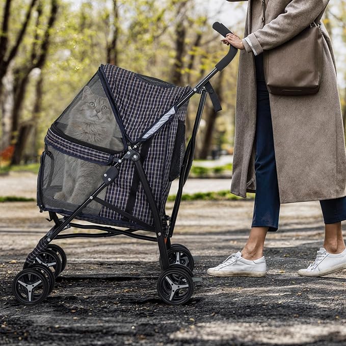 MoNiBloom 4 Wheels Pet Stroller, Easy-Fold Umbrella Shaped Dog Cat Jogger Stroller w/Storage Bag &amp; Visible Mesh for Small/Medium Dogs Cats Plaid