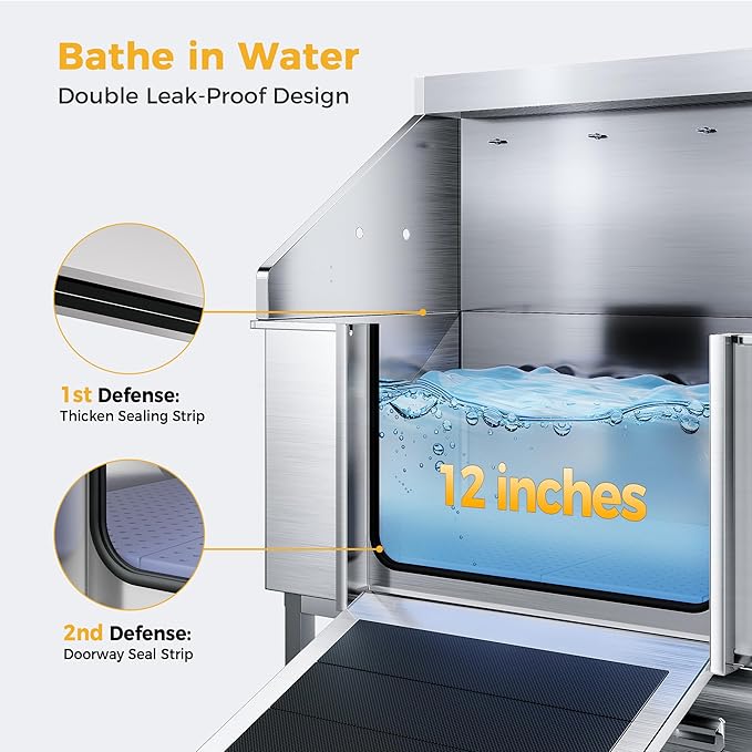 50" Dog Washing Station - 304 Stainless Steel, 27.4" Wide Ramp, Water-Storing Dog Bathing Station w/Swivel Wheels, Pet Proof Faucet, 2 Drawers, Dog Bathtub for Medium &amp; Small Dogs
