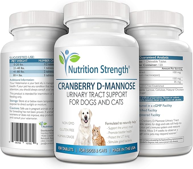 Cranberry D-Mannose for Dogs, Support for Bladder &amp; UTI, Pet Urinary Tract + Immune Health Supplement, Cranberry for Dogs with D-Mannose &amp; Vitamin C, 150 Chewable Tablets