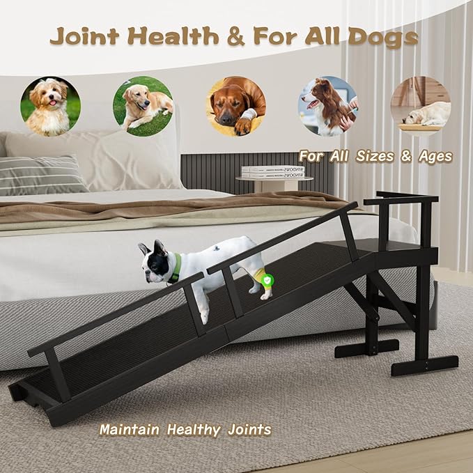 61" Dog Ramp for Bed, Pet Ramp with Removable Side Rail and Non-Slip Surface, Pet Ramp for Small &amp; Large &amp; Senior Dogs with Rest Platform and DIY Glow Strips,Dog Stairs for Couch,Black