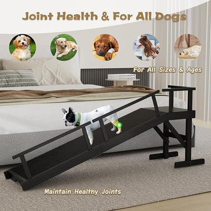61" Dog Ramp for Bed, Pet Ramp with Removable Side Rail and Non-Slip Surface, Pet Ramp for Small &amp; Large &amp; Senior Dogs with Rest Platform and DIY Glow Strips,Dog Stairs for Couch,Black