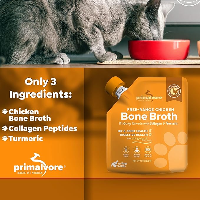 Primalvore Free-Range Bone Broth for Dogs &amp;Cats, Mobility Formula w/Collagen Peptides to Help Support Hip &amp; Joints, Digestion, Skin &amp; Coat and Hydration, Human Grade, Made in USA. Chicken 2 Pack