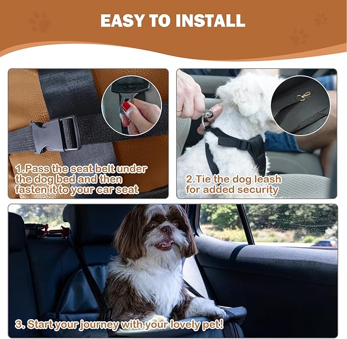 2 and 1 Center Console Dog Car Seat &amp; Carrier for Small Dogs, Large Leather Dog Car Bed with Storage Pocket, Waterproof PVC Leather Seat Travel Bed for Front &amp; Back Seat, Clip-On Safety Leash